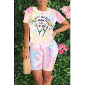 lovely Casual Tie-dye Floral Print Pink Two-piece 