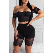 lovely Sexy Off The Shoulder Patchwork Black Two-p