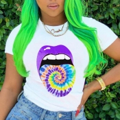 lovely Casual O Neck Lip Print Purple T-shirt