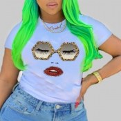 LW Plus Size Leisure O Neck Face Print White T-shi