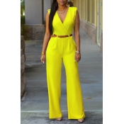 lovely Stylish V Neck Yellow One-piece Jumpsuit(Wi