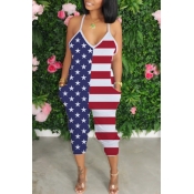 lovely Casual Spaghetti Strap Print Patchwork Red 