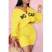 lovely Leisure Letter Yellow Two-piece Shorts Set