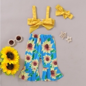 lovely Casual Sunflower Print Yellow Girl Two-piec