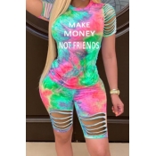 Lovely Casual Hollow-out Tie-dye Green Two-piece S