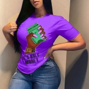 Lovely Casual Print Purple T-shirt