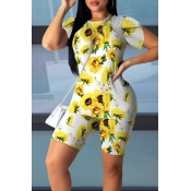 Lovely Casual Sunflower Print White Two-piece Shor