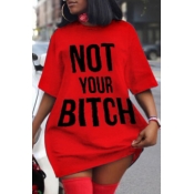 Lovely Casual Letter Print Red Mini Plus Size Dres