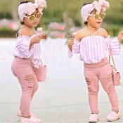 lovely Casual Striped Pink Girl Two-piece Pants Se