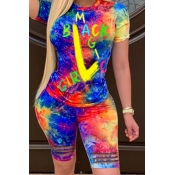 Lovely Casual Tie-dye Blue Two-piece Shorts Set