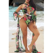 lovely Plants Print Green One-piece Swimsuit(With 