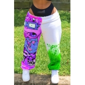 Lovely Street Print Patchwork Purple Pants