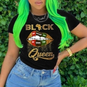 Lovely Casual Lip Print Black T-shirt