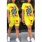 lovely Casual O Neck Print Yellow Two-piece Shorts
