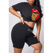 lovely Casual Lip Print Black Plus Size Two-piece 