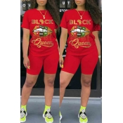 Lovely Casual Lip Print Red Two-piece Shorts Set