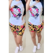 Lovely Casual O Neck Lip Print Multicolor Two-piec