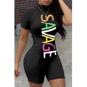 LW Sportswear Letter Print Black One-piece Romper