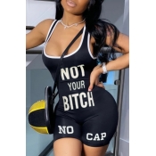 Lovely Casual Letter Print Black One-piece Romper