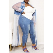 Lovely Plus Size Casual See-through Blue Coat