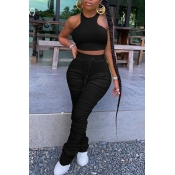 Lovely Stylish Fold Design Black Two-piece Pants S
