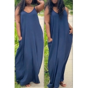 LW Casual V Neck Loose Dark Blue Maxi Dress