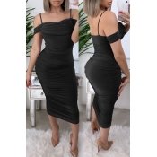 lovely Sexy Hollow-out Black Mid Calf Dress
