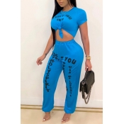 LW Casual O Neck Letter Print Baby Blue Two-piece 