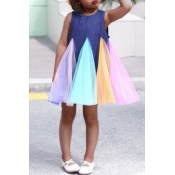 lovely Sweet O Neck Patchwork Blue Girl Mini Dress