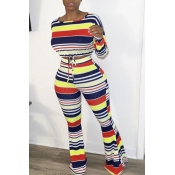 LW Casual Rainbow Striped Blue Two-piece Pants Set