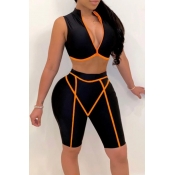 LW Sportswear Patchwork Black Two-piece Shorts Set