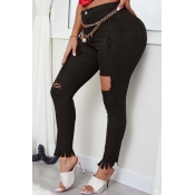 lovely Trendy Hollow-out Black Jeans