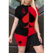 Lovely Casual O Neck Print Patchwork Red Two-piece