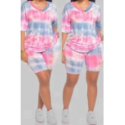 Lovely Casual Tie-dye Pink Plus Size Two-piece Sho