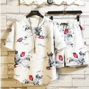 lovely Casual O Neck Print White Two-piece Shorts 