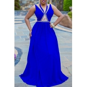 lovely Trendy Hot Drilling Decorative Blue Maxi Dr
