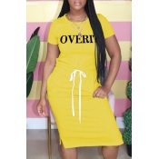 Lovely Casual Letter Print Yellow Knee Length Dres
