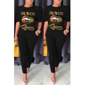 Lovely Casual Lip Print Black Two-piece Pants Set