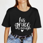 lovely Leisure O Neck Letter Print Black Plus Size