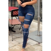 lovely Casual Hollow-out Deep Blue Jeans