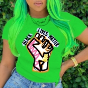 lovely Leisure O Neck Print Green T-shirt