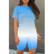 Lovely Casual Gradual change Blue Two-piece Shorts