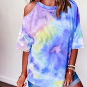 lovely Leisure Tie-dye Hollow-out Blue T-shirt