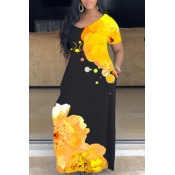 Lovely Casual V Neck Print Yellow Ankle Length Dre