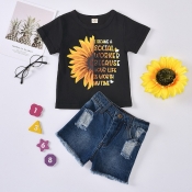 lovely Leisure O Neck Print Black Girl Two-piece S