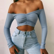 lovely Sexy V Neck Fold Design Blue Blouse