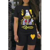 LW Street O Neck Print Black Two-piece Shorts Set