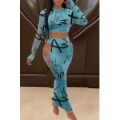 LW SXY Letter Print Baby Blue Two-piece Skirt Set