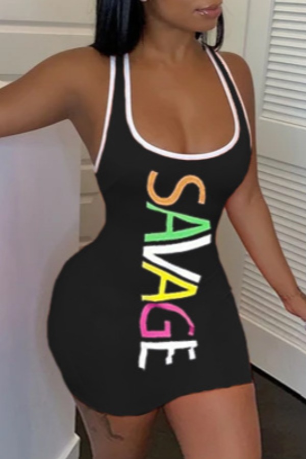 

Lovely Sportswear U Neck Letter Print Black Mini Dress