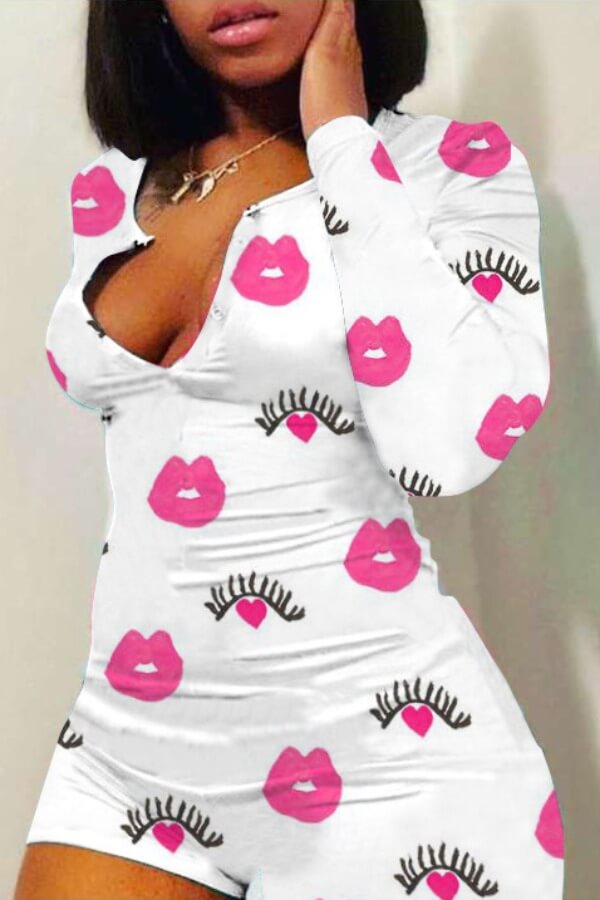 

Lovely Casual Lip Print White One-piece Romper